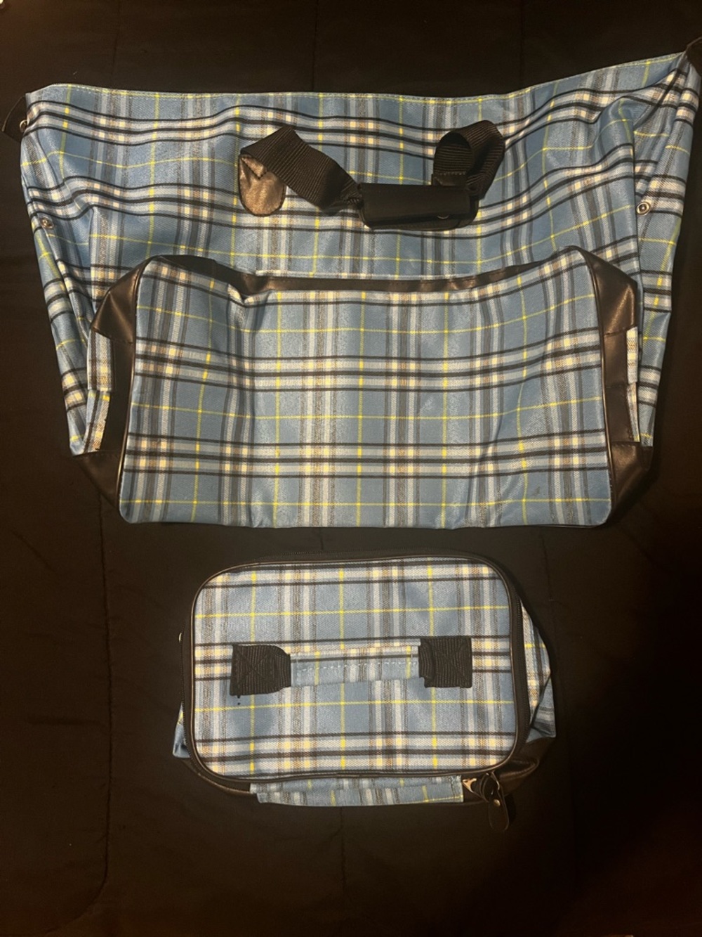 Plaid Blue Tote Bag with Matching Pouch - Travel & Everyday Carry - Picture 2 of 5
